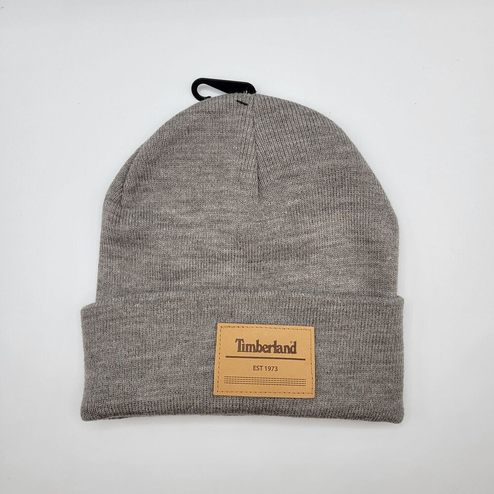 Timberland Unisex Adult Beanie Gray EST 1973 Leather Patch Cap OSFM